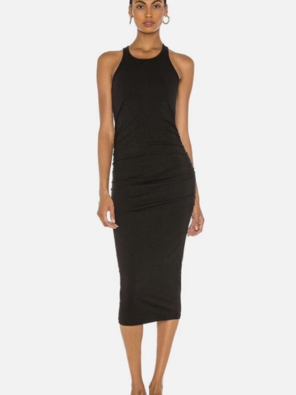 Michael Stars | Cotton Racerback Ruched Bodycon Midi Tank Dress Black | Medium